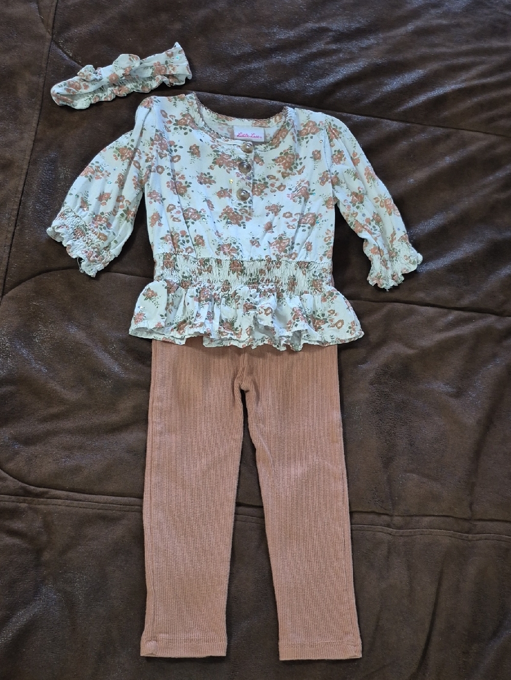 Little Lass Cream Floral Blouse with Mauve Trim, Matching Lehgings, W/ Hair Bow.